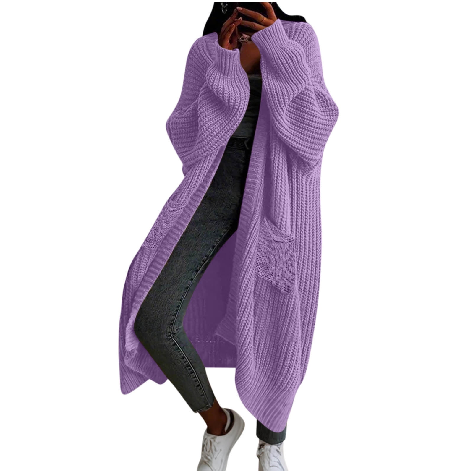 Womens Long Cardigan Sweaters Oversized Long Sleeve Open Front Cable Knit Jackets Fall Winter Shaggy Coat with Pockets Brown M