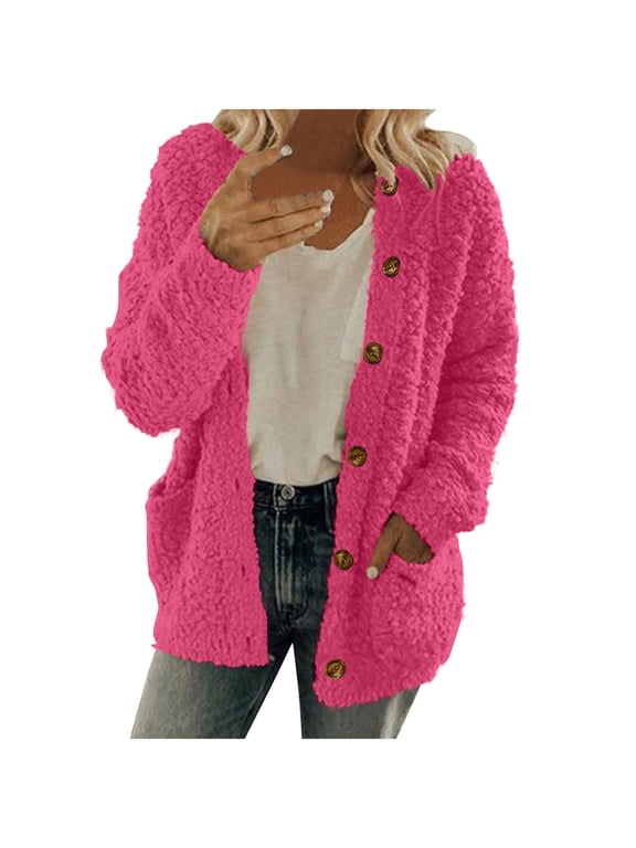 Womens Long Sleeve Cardigan Coat Crewneck Button Up Warm Sherpa Jacket Oversized Winter Fleece Outwear with Pockets Hot Pink XL