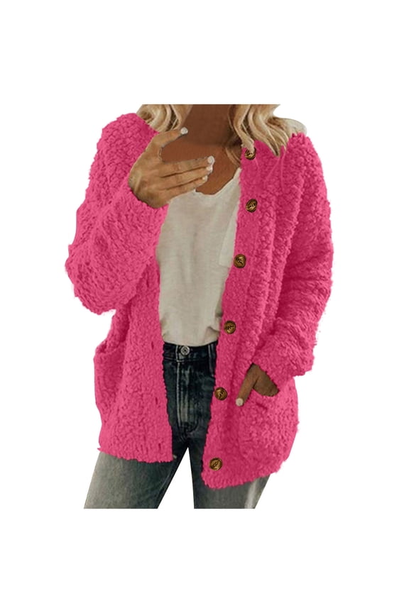 Womens Long Sleeve Cardigan Coat Crewneck Button Up Warm Sherpa Jacket Oversized Winter Fleece Outwear with Pockets Hot Pink XXL