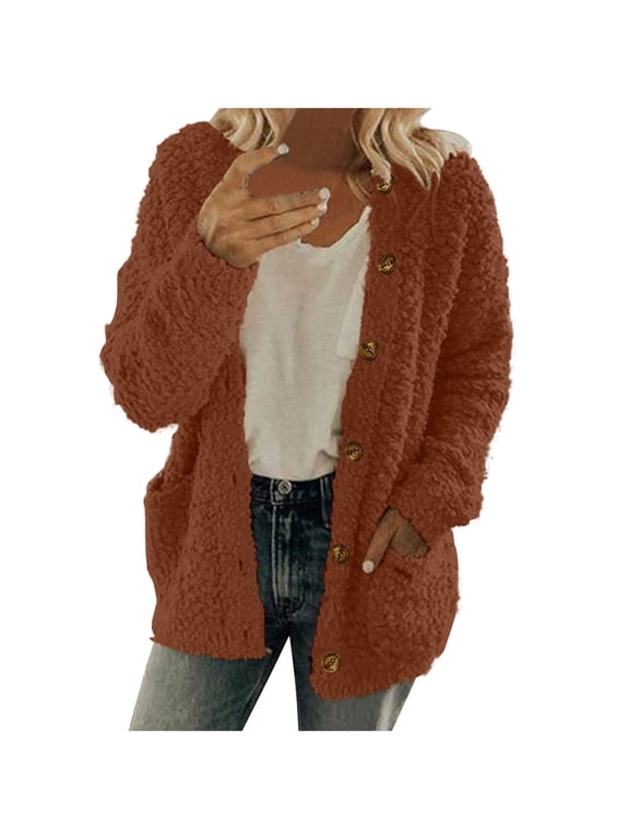 Womens Long Sleeve Cardigan Coat Crewneck Button Up Warm Sherpa Jacket Oversized Winter Fleece Outwear with Pockets Wine L