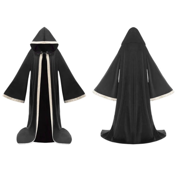 UTSJKR Womens Long Sleeve Hooded Robe Cloak with Trim Detail for Wizard Witch Medieval Halloween Cosplay Stage Performance Party Costume Black