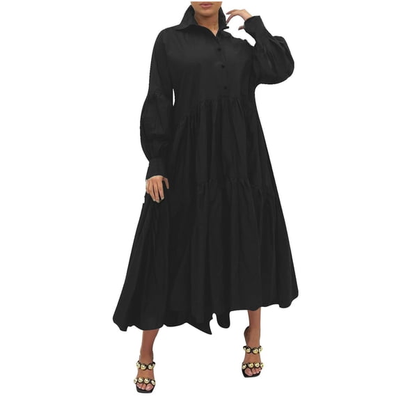 UTSJKR Womens Long Sleeve Maxi Shirt Dress Elegant Lapel Neck Button Down Dresses Oversize Loose Pleated Swing Party Dress Black XXL