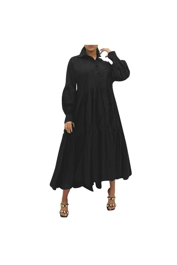 Womens Long Sleeve Maxi Shirt Dress Elegant Lapel Neck Button Down Dresses Oversize Loose Pleated Swing Party Dress Black XXL