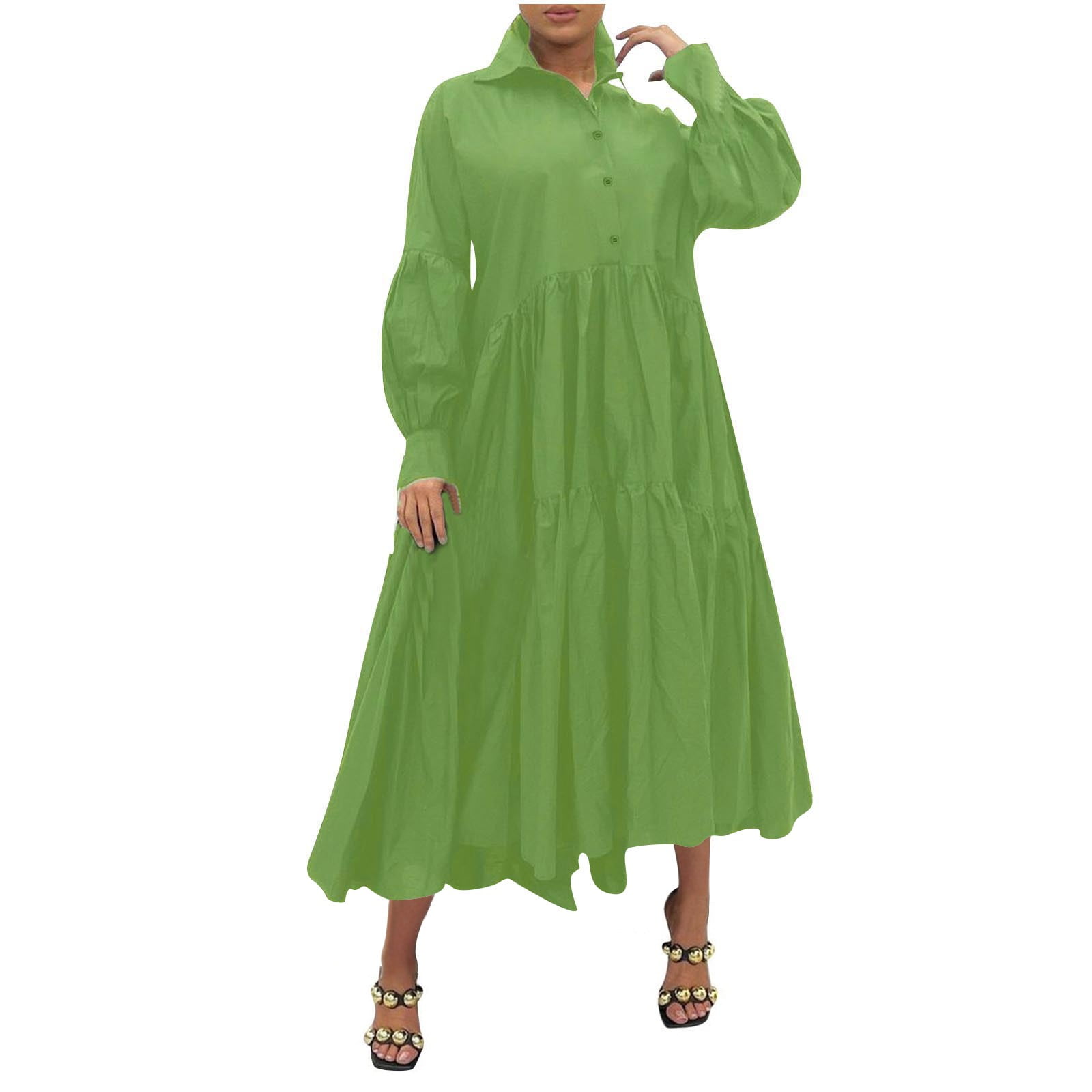 UTSJKR Womens Long Sleeve Maxi Shirt Dress Elegant Lapel Neck Button ...