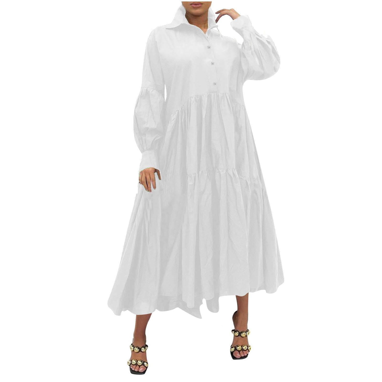 Women's Long Sleeve Maxi Shirt Dress – Button Down, Loose Swing Fit, Cotton Polyester Blend – Elegant & Comfy For Any Occasion