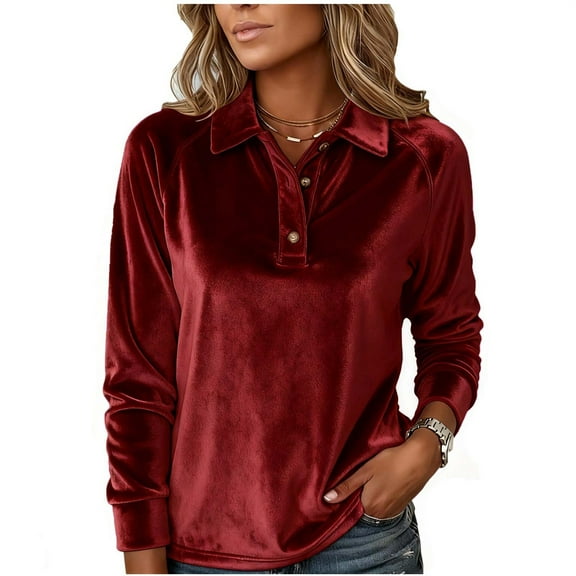UTSJKR Womens Long Sleeve Trendy Shirts Business Work Casual V Neck Collared Tops Button Down Loose Fit Tees Shirts Red M