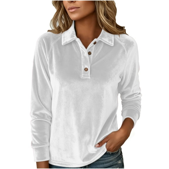 UTSJKR Womens Long Sleeve Trendy Shirts Business Work Casual V Neck Collared Tops Button Down Loose Fit Tees Shirts White M