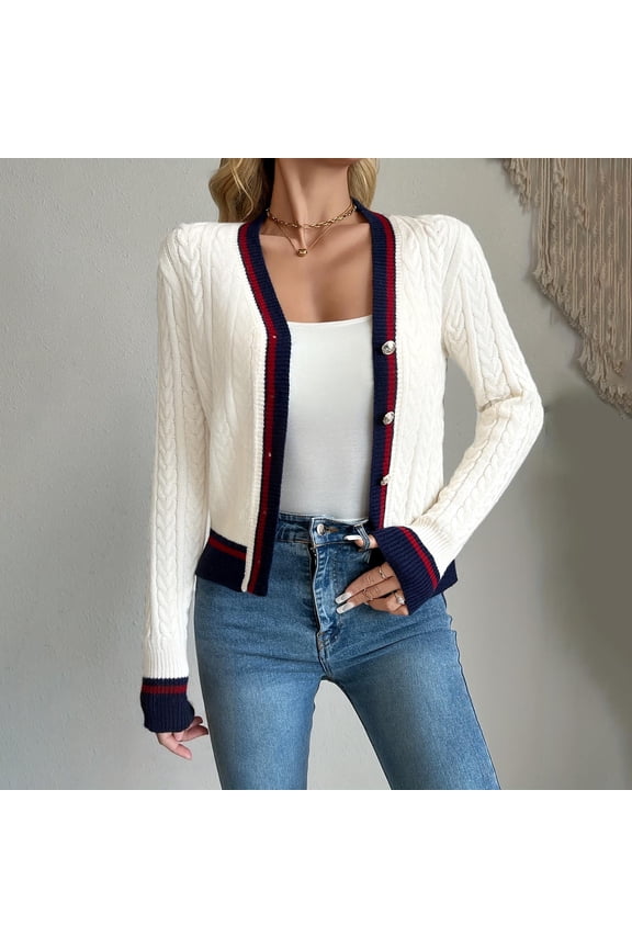 Womens Long Sleeve V Neck Fall Cardigan Sweaters Color Block Button Down Causal Fashion Cardigan Ribbed Hem Pullover White S