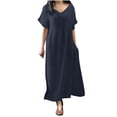thumbnail image 1 of UTSJKR Womens Maxi Dress with Pockets Summer Basic Ruffled Short Sleeve Sundress 2024 Fashion Vintage Solid V Neck Smocked Casual Loose Fit Flowy Swing Beach Dress Dark Blue XXL, 1 of 6