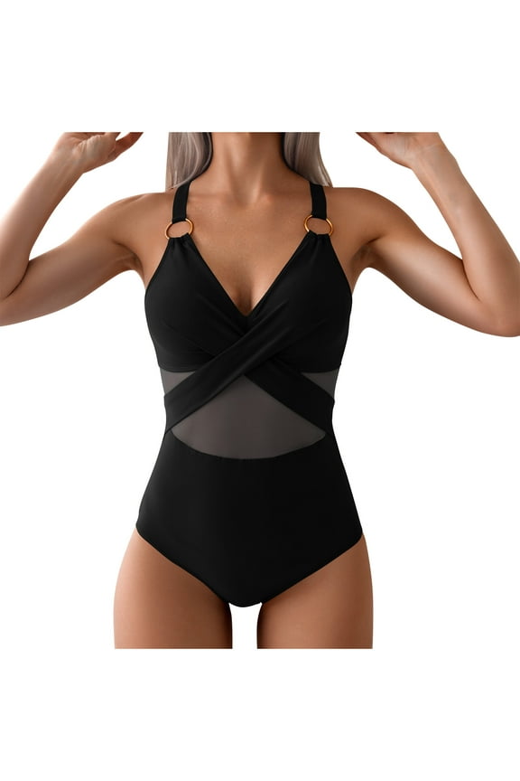 Womens Mesh One Piece Swimsuits Tummy Control Crisscross V Neck Push up Bathing Suits Sexy Adjustable Straps Swimwear Black L