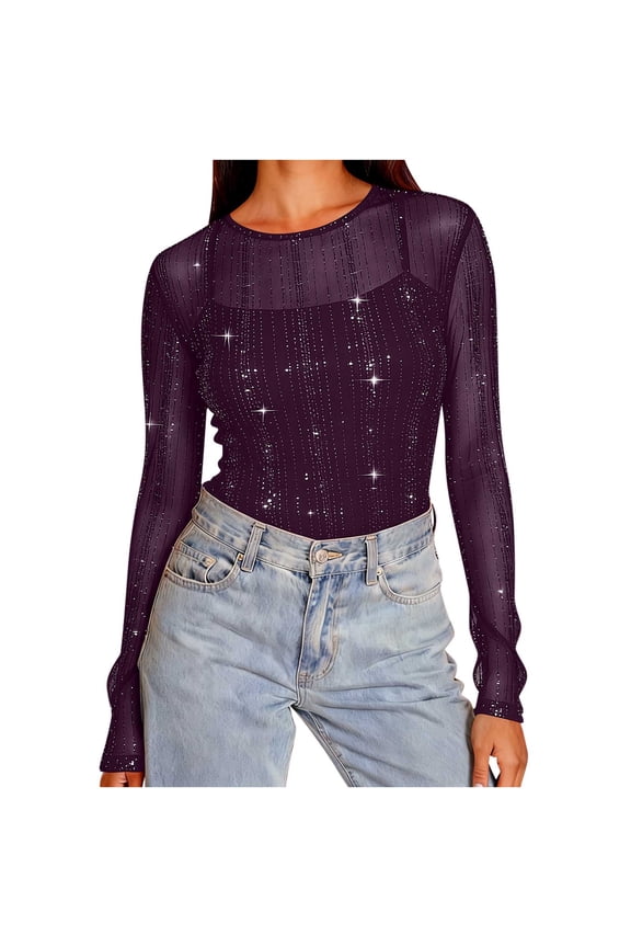 Womens Mesh Tops Lace Shirts Long Sleeve Crew Neck Sexy Sparkly See Through Blouses Tee Party Club Night Purple XXL