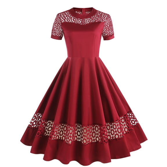 UTSJKR Womens Midi Dress 2024 Fashion Lace Hollowed Solid Crew Neck Smocked Waist Pleated Ballgown A Line Flowy Dress Summer Basic Hollowed Short Sleeve Sundress Red M