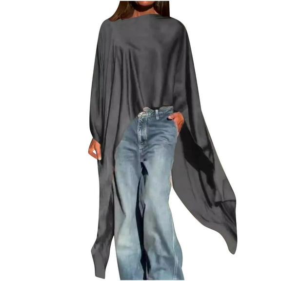 UTSJKR Womens Mock Neck Batwing Long Sleeve Cropped Shirts Fashion Loose Fit Flowy Irregular Hem Pullover Tunic Tops Dark Gray L