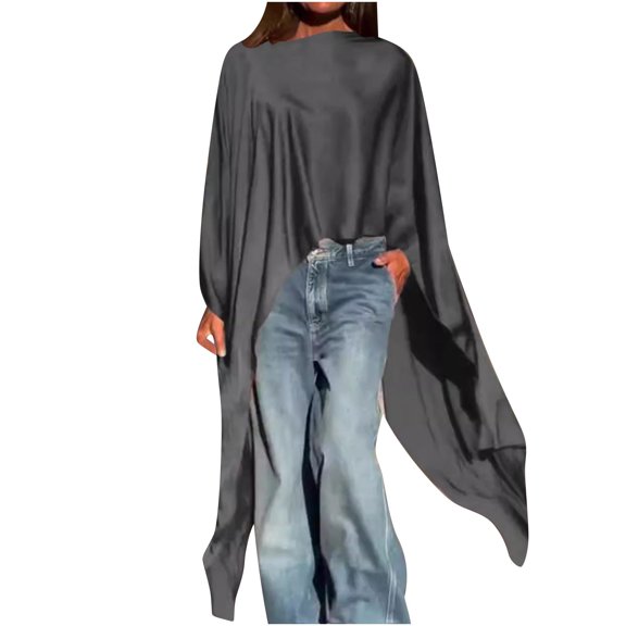 UTSJKR Womens Mock Neck Batwing Long Sleeve Cropped Shirts Fashion Loose Fit Flowy Irregular Hem Pullover Tunic Tops Dark Gray XXXL