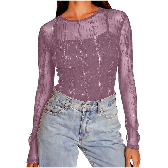 UTSJKR Womens Nashville Mesh Sheer Sparkly Top Glitter Star See Through Tops Tee Shirt Short Sleeve Concert Rave Outfits Purple XXL