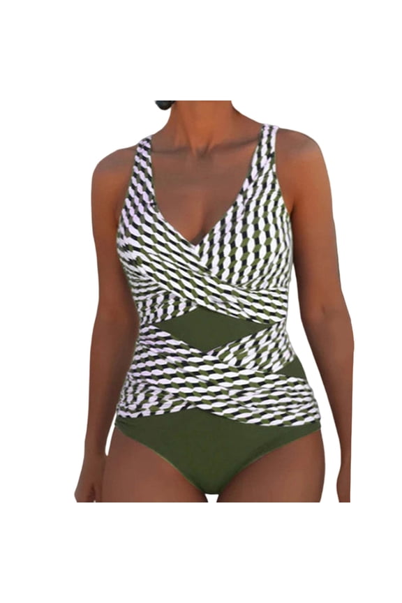 Womens One Piece Striped Swimsuits Color Block Cross Front Tummy Control Bathing Suits Trendy Plunge Slimming Swimwear Green XXXL