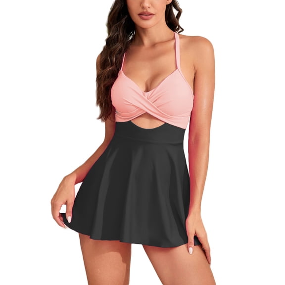 UTSJKR Womens One Piece Swimsuit Ruched Skirt Tummy Control Swimdress Bathing Suit Slimming Solid V Neck Wrap Swimwear Pink S