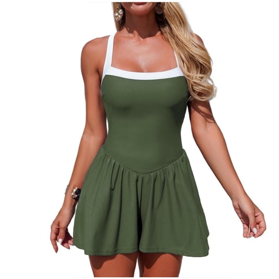 UTSJKR Womens One Piece Swimsuit Sexy Square Halter Neck Hide Belly Swimdress Slimming Flowy Sleeveless Beach Vacation Bathing Suit Army Green L
