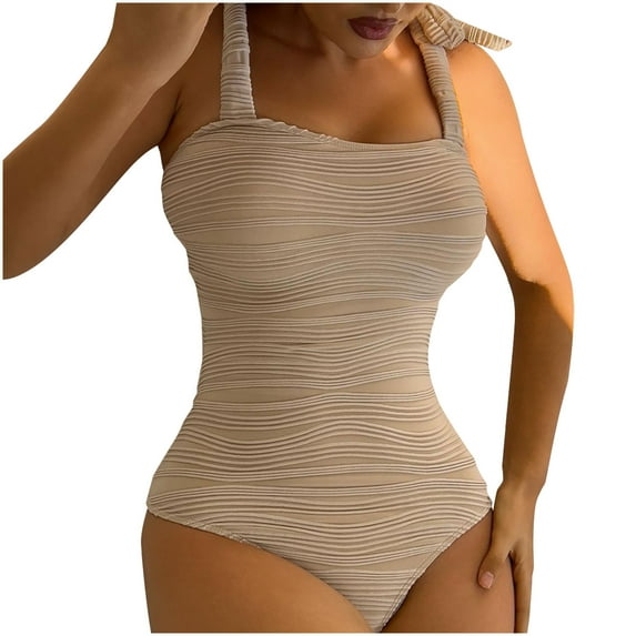 UTSJKR Womens One Piece Swimsuits 2025 Slimming High Cut Swimwear Textured 1 Piece Adjustable Spaghetti Straps Bathing Suits Khaki S