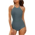 thumbnail image 1 of UTSJKR Womens One Piece Swimsuits Backless High Neck Tummy Control Color Block Halter Tie Bathing Suits Halter Surfing Swimsuit Gray L, 1 of 9