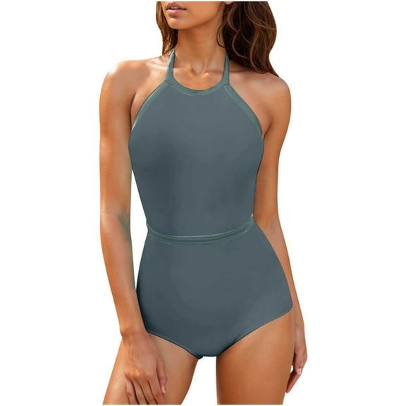 UTSJKR Womens One Piece Swimsuits Backless High Neck Tummy Control Color Block Halter Tie Bathing Suits Halter Surfing Swimsuit Gray L