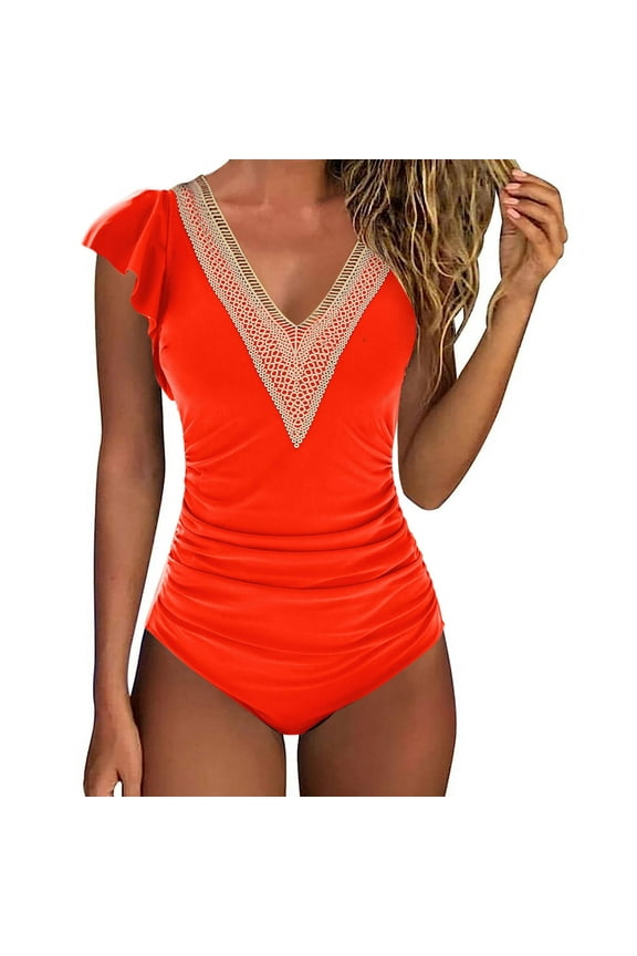 Womens One Piece Swimsuits Tummy Control Bathing Suits Deep V Lace Neckline Ruffle Full Coverage Swimwear for Women 2025 Orange M