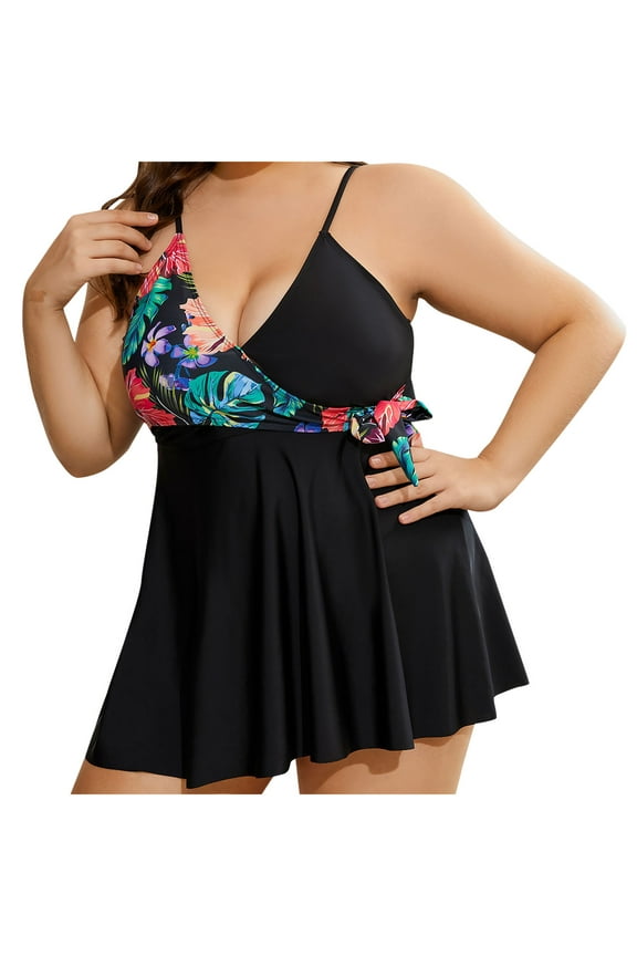 Womens One Piece Tummy Control Swimdress Plus Size Swim Dress Cover Up Swimsuit with Shorts Bathing Suit Swimwear Black XL