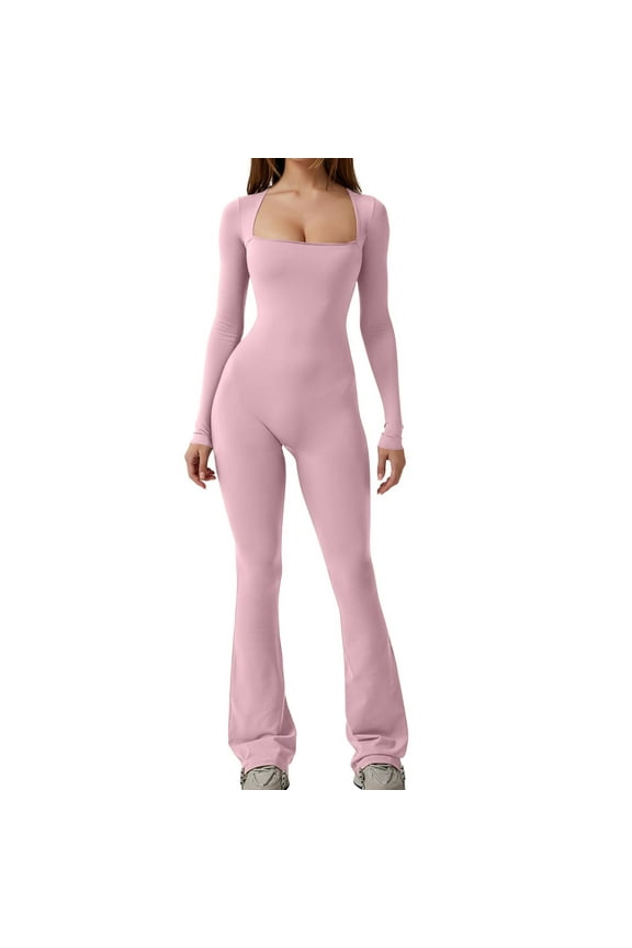 Womens Open Back Long Sleeve Flared Bottom Pants Romper Bodycon Jumpsuit Solid Color Square Neck Stretch Slim Fit Jumpsuit One-Piece Pink L