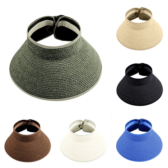 UTSJKR Womens Oversized Brim Woven Visor Hat with Rear Elastic Band for Summer Bike Ride Town Walk Outdoor Barbecue Foldable Anti-UV Headwear Beige