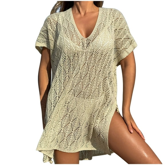 UTSJKR Womens Oversized Crochet Beach Dresses Summer 2025 Scoop Neck Cap Sleeve Bathing Suit Cover Up Mini Dress Beige Free Size