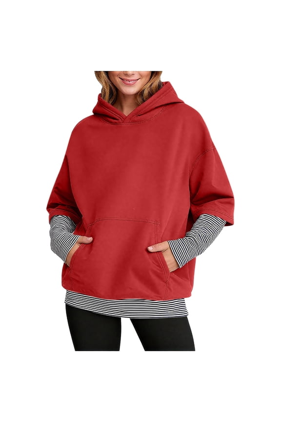 Womens Oversized Fake Two Piece Hoodies Fleece Sweatshirts Spring Fashion Pullover Sweaters Winter Clothes Red L