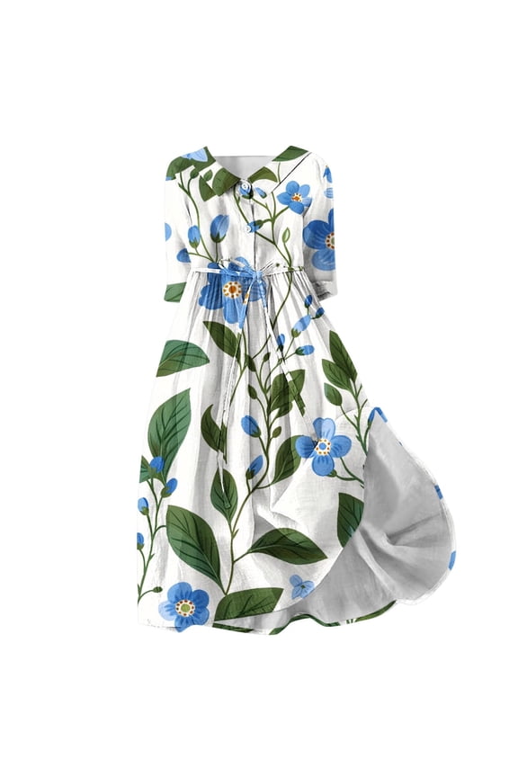 Womens Plus Size Maxi Dress 3/4 Sleeve Sundress 2024 Fashion Floral Print Button Up Lapel Neck Dress Tie Waist Pleated Loose Fit Flowy Casual Dress Light Blue XXXL
