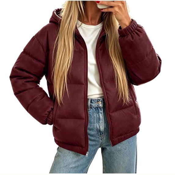 UTSJKR Womens Puffer Jacket Full Zip Hooded Quilted Jackets Winter Outerwear Coats with Side Pockets Wine L