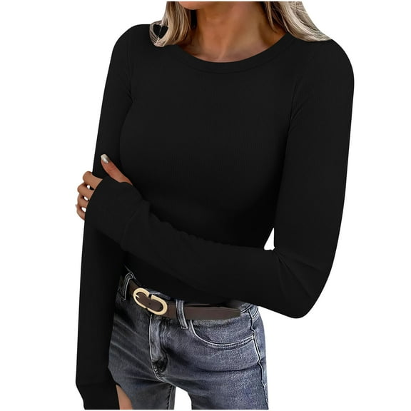 UTSJKR Womens Pullover Sweaters Y2K Going Out Tops Deep V Neck Shirt Thumb Holes Ribbed Long Sleeve Tops for Women Black S