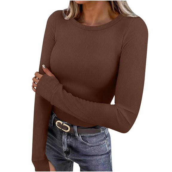 UTSJKR Womens Pullover Sweaters Y2K Going Out Tops Deep V Neck Shirt Thumb Holes Ribbed Long Sleeve Tops for Women Brown M