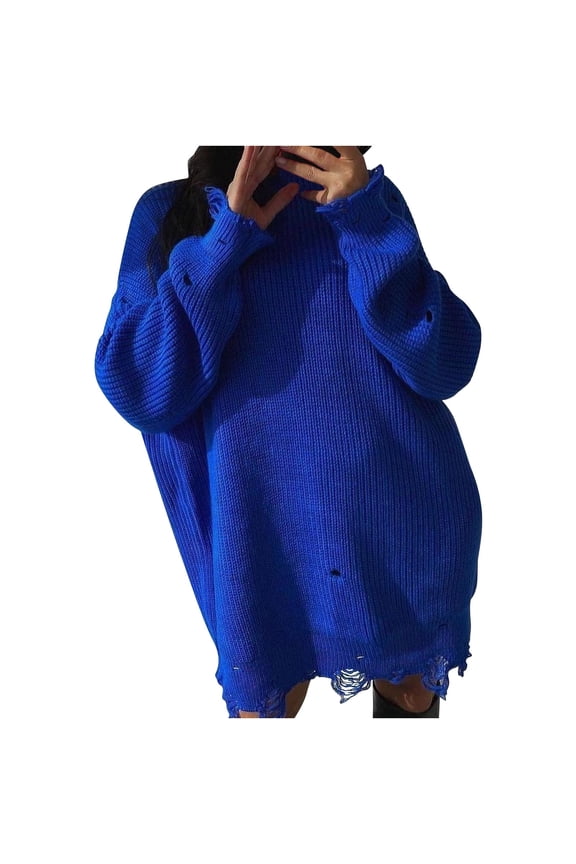 Womens Ripped Distressed Sweaters 2024 Fashion Crew Neck Tunic Pullover Tops Ribbed Knit Loose Oversized Jumper Jacket Fall Drop Shoulder Long Sleeve Sweaters Blue M