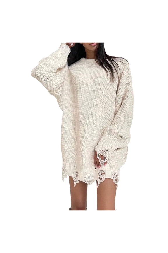 Womens Ripped Distressed Sweaters 2024 Fashion Crew Neck Tunic Pullover Tops Ribbed Knit Loose Oversized Jumper Jacket Fall Drop Shoulder Long Sleeve Sweaters White M
