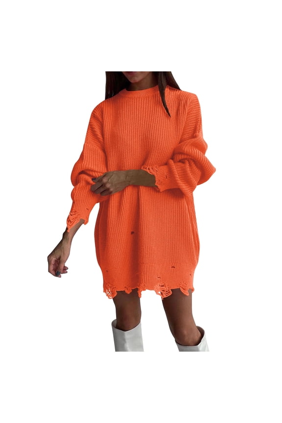 Womens Ripped Distressed Sweaters 2024 Fashion Crew Neck Tunic Pullover Tops Ribbed Knit Loose Oversized Jumper Jacket Fall Drop Shoulder Long Sleeve Sweaters Watermelon Red M