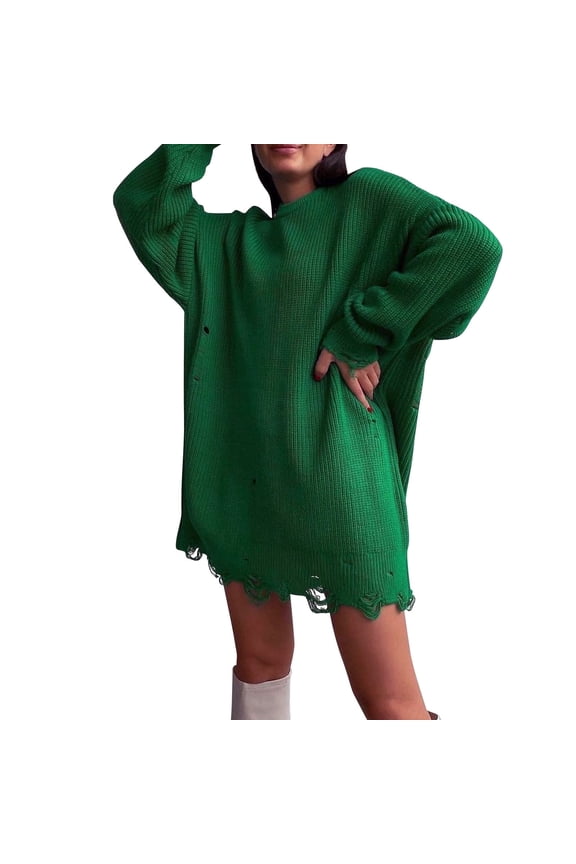 Womens Ripped Distressed Sweaters 2024 Fashion Crew Neck Tunic Pullover Tops Ribbed Knit Loose Oversized Jumper Jacket Fall Drop Shoulder Long Sleeve Sweaters Green M
