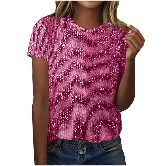 UTSJKR Womens Sequin Tops Fashion Sparkly Short Sleeves Crew Neck Loose Casual Comfy Glitter Shirts, Going Out Tops for Women Hot Pink M