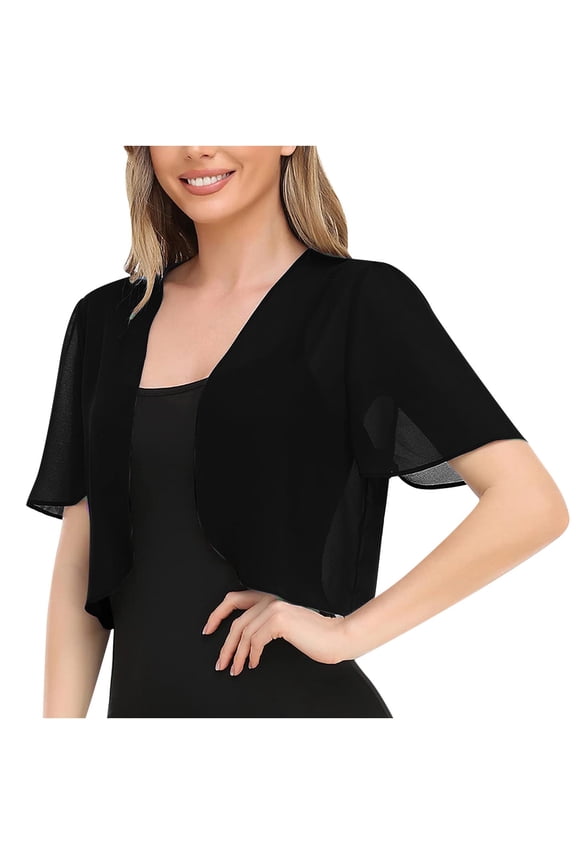 Womens Soft Chiffon Open Front Sheer Shrug Cover Up Jacket 2024 Fashion Short Sleeve Cropped Cardigans for Evening Dress Black M