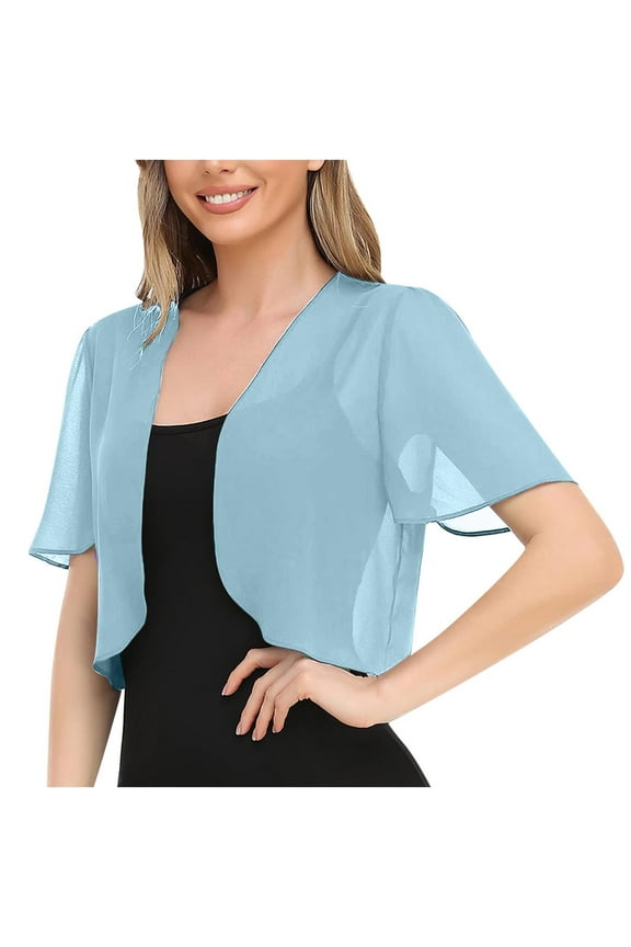 Womens Soft Chiffon Open Front Sheer Shrug Cover Up Jacket 2024 Fashion Short Sleeve Cropped Cardigans for Evening Dress Light Blue L