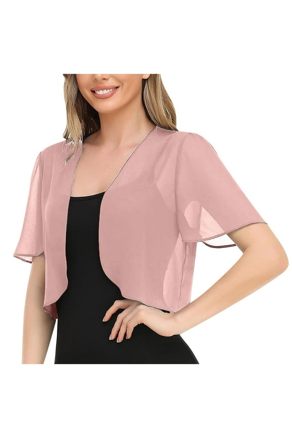 Womens Soft Chiffon Open Front Sheer Shrug Cover Up Jacket 2024 Fashion Short Sleeve Cropped Cardigans for Evening Dress Pink XXL