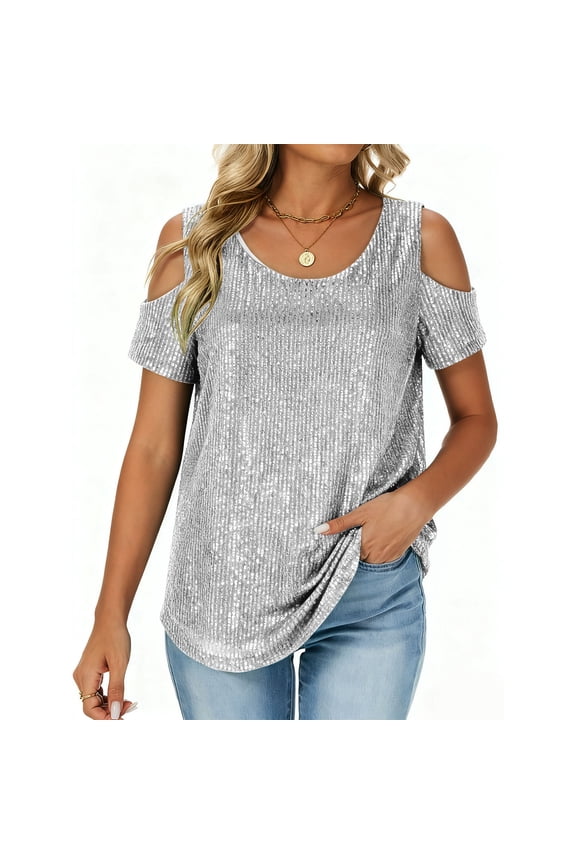 Womens Sparkle Tops Cold Shoulder Sequin Shirts Short Sleeve Glitter Tshirts Party Dressy Blouses Trendy Casual Tees White M
