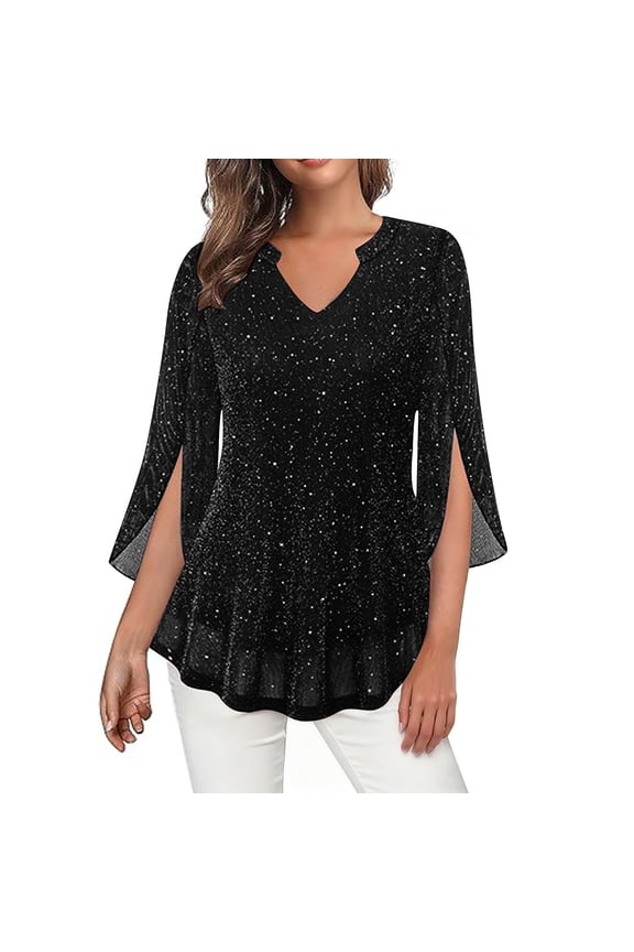 Womens Split 3/4 Ruffle Sleeve Sparkly Tops Sequin V Neck Blouses Dressy Casual Fashion Spring Shirts for Party Black M
