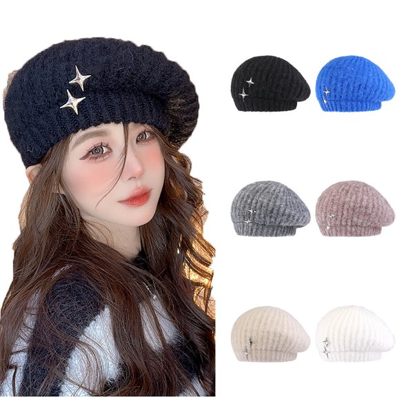 UTSJKR Womens Star Metal Accent Ribbed Knit Beret with Loose Shaping for Fall City Caf茅 Meetup Visit Weekend Window Shopping Soft Windproof Daily Hat Blue
