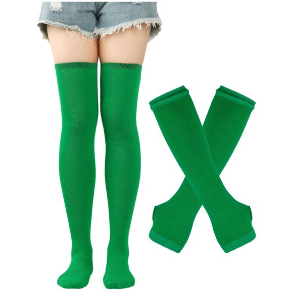 UTSJKR Womens Striped Thigh High Socks Over Knee High Socks Leg Warmer Long Fingerless Gloves Set for Halloween Christmas Cosplay Green