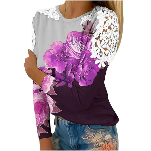 UTSJKR Womens Stylish Lace Crochet Tops 2024 Fashion Floral Print Crew Neck Blouses Vacation Casual Loose Pullover Going Out Shirts Long Sleeve Tunic Tops Hot Pink XXL