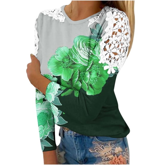 UTSJKR Womens Stylish Lace Crochet Tops 2024 Fashion Floral Print Crew Neck Blouses Vacation Casual Loose Pullover Going Out Shirts Long Sleeve Tunic Tops Green M