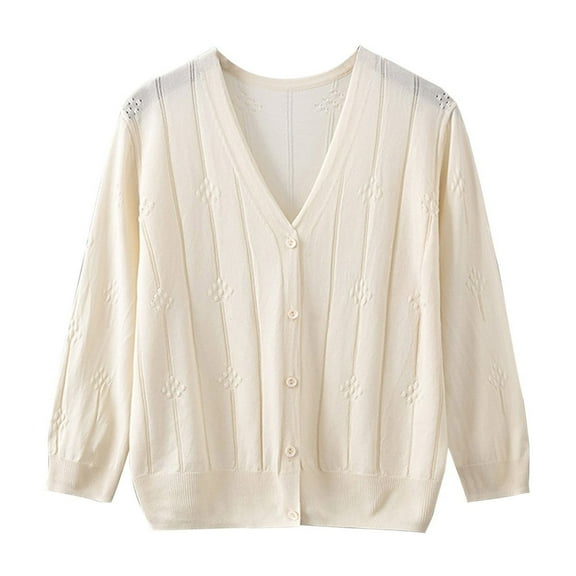 UTSJKR Womens Sweater Cardigans 2024 Fall Open Front Button Up V Neck Jumper Elegant Solid Long Sleeve Ribbed Knitted Sweater Jackets Beige Free Size